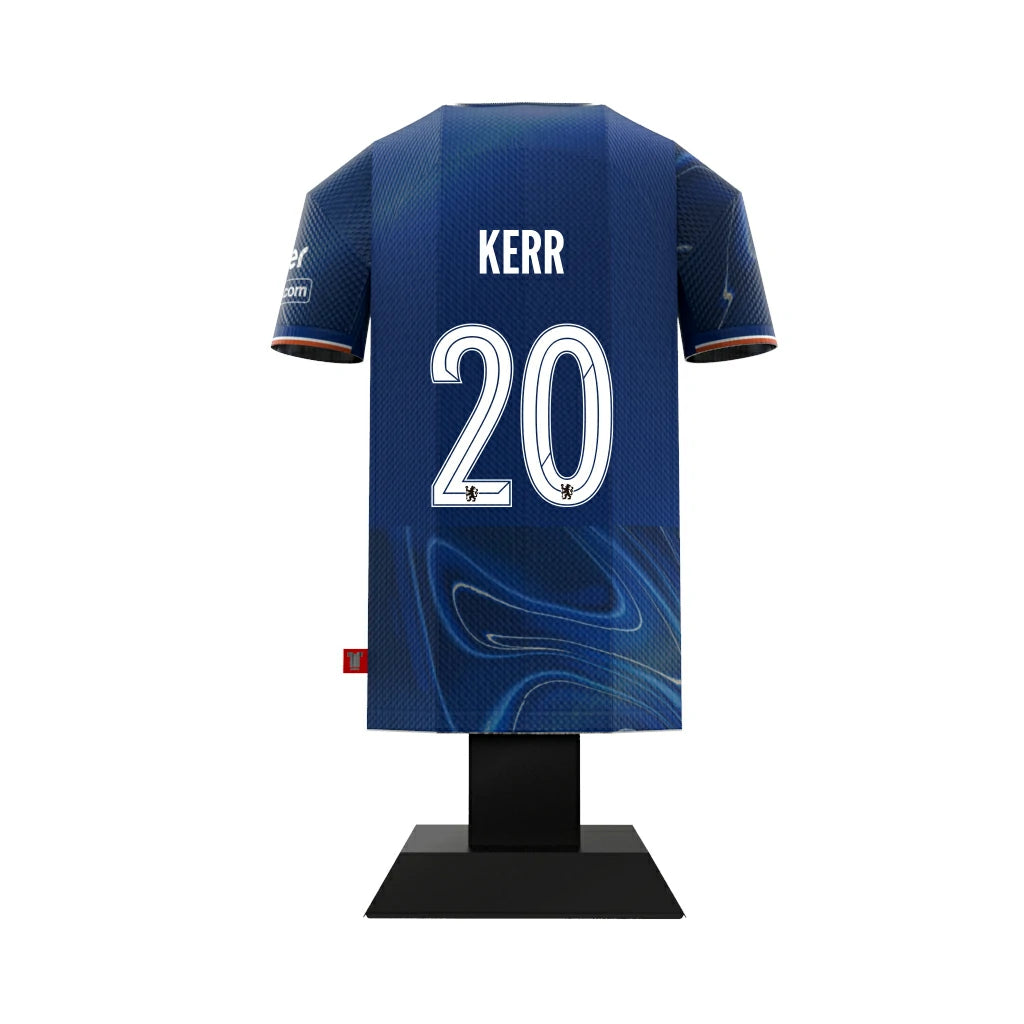 The back of a Chelsea FC Women 2024/2025 blue home jersey collectible, customized with the name KERR and the number 20.