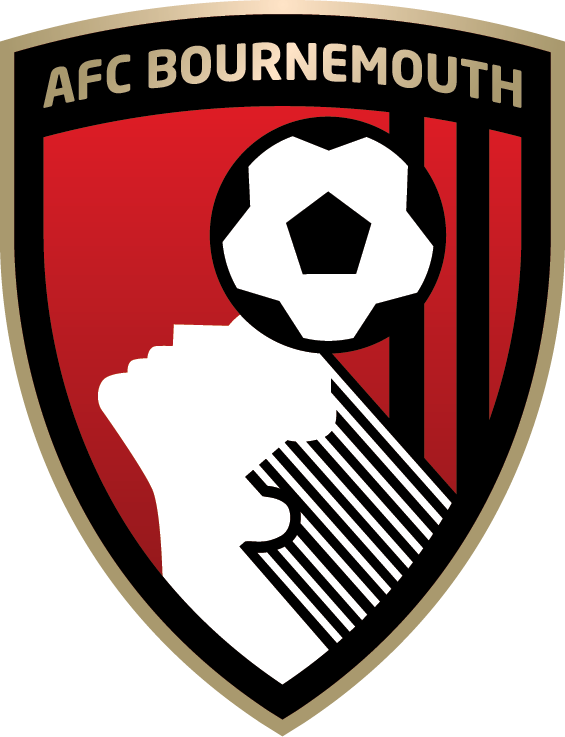AFC Bournemouth logo with a shield design featuring a soccer ball and a white figure on a red and black background.