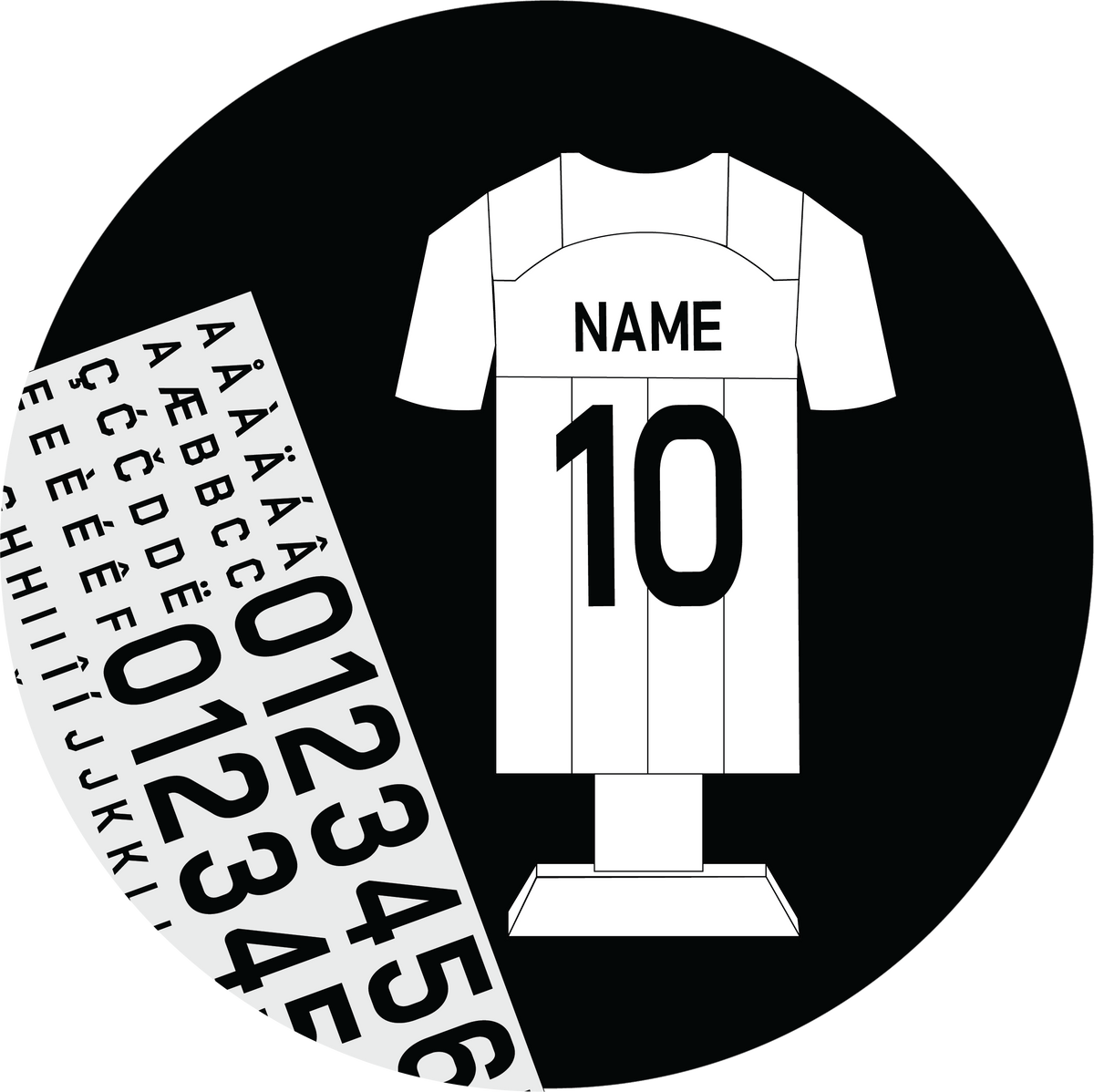 A circular line-art icon showcasing a miniature jersey next to a typography number decal sheet, symbolizing product customization