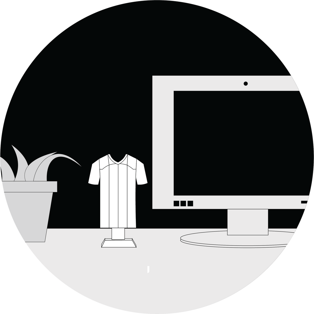 A circular line-art icon depicting a collectible display model sitting on a desk surface next to a home office computer monitor setup