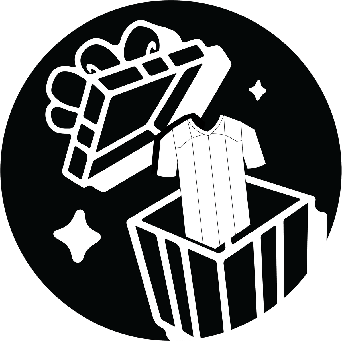 A circular line-art icon depicting hands opening a surprise gift box or subscription box containing collectible merchandise