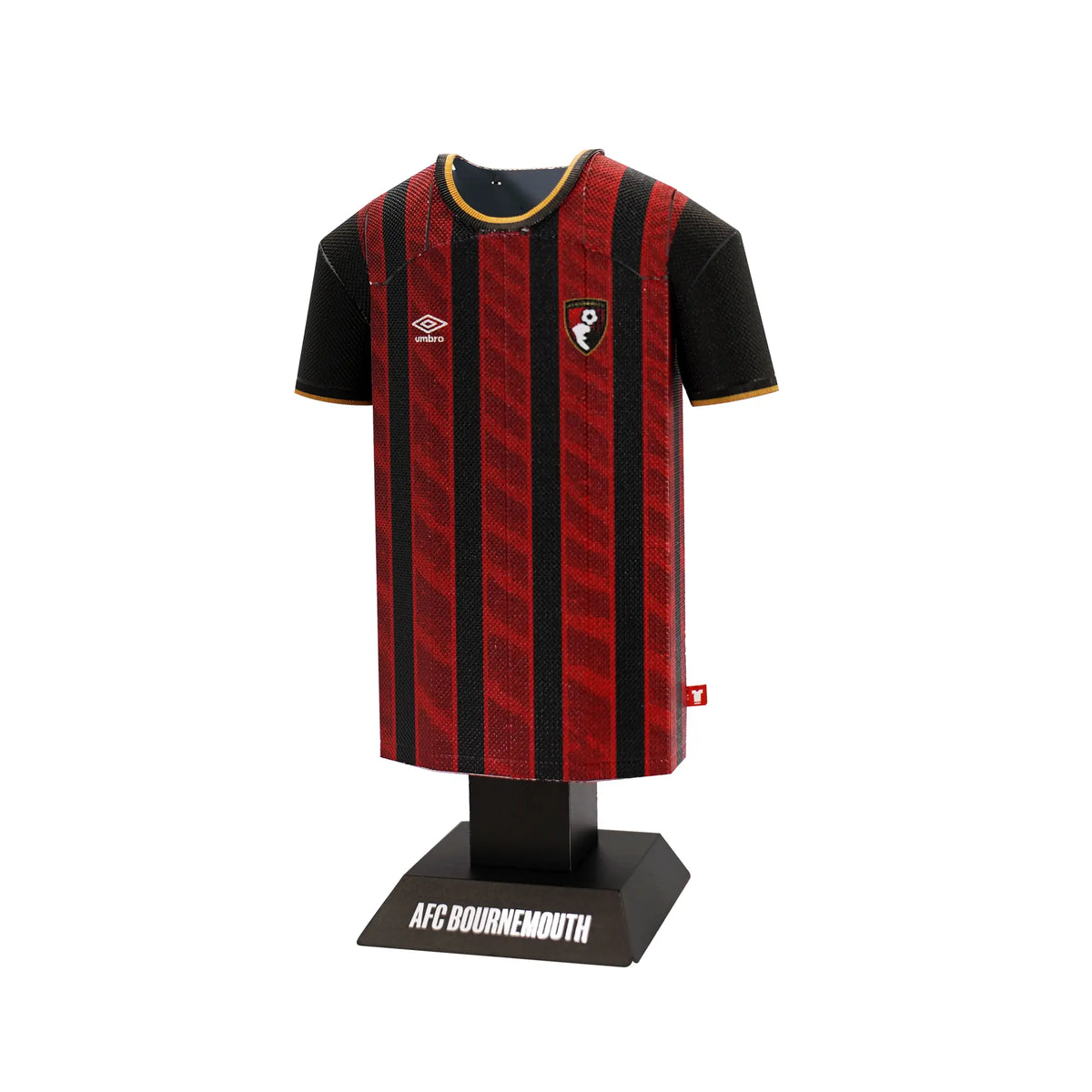Red and black striped sports jersey on a stand with 'AFC Bournemouth' branding.