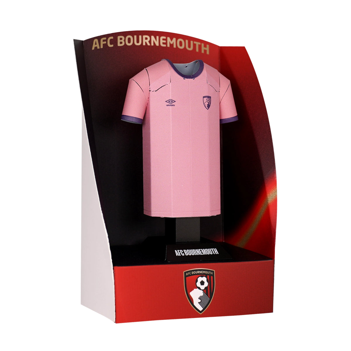 Pink sports jersey in a display box with AFC Bournemouth branding