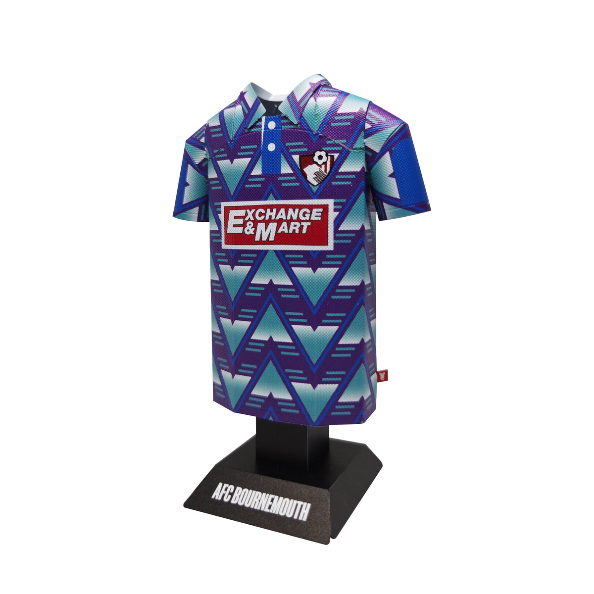 Colorful sports jersey on a black stand with 'Exchange & Mart' and 'AFC Bournemouth' branding.