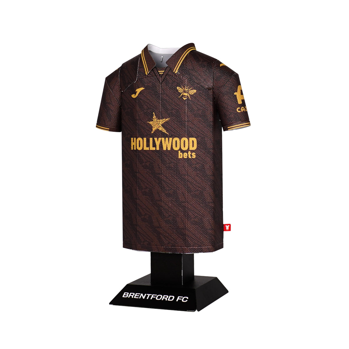 Brown sports jersey with gold accents on a mannequin against a white background