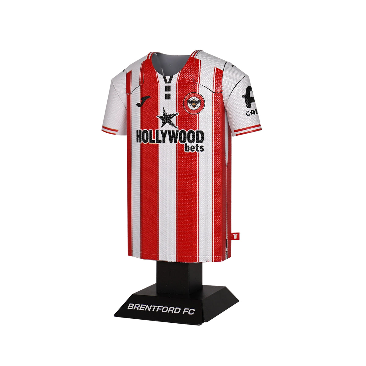 Red and white striped sports jersey on a black stand with 'Brentford FC' branding.