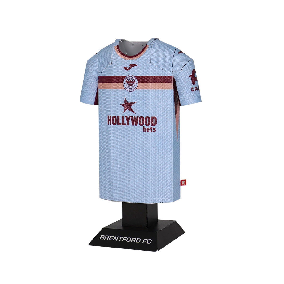 Light blue sports jersey with red and orange accents on a mannequin against a white background