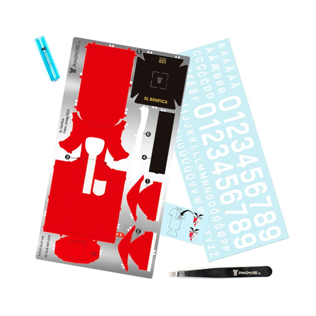 A product set display showing the buildable elements of the 1904 retro SL Benfica home kit, including the miniature jersey on a stand, typography decal sheet, and branded display card layout