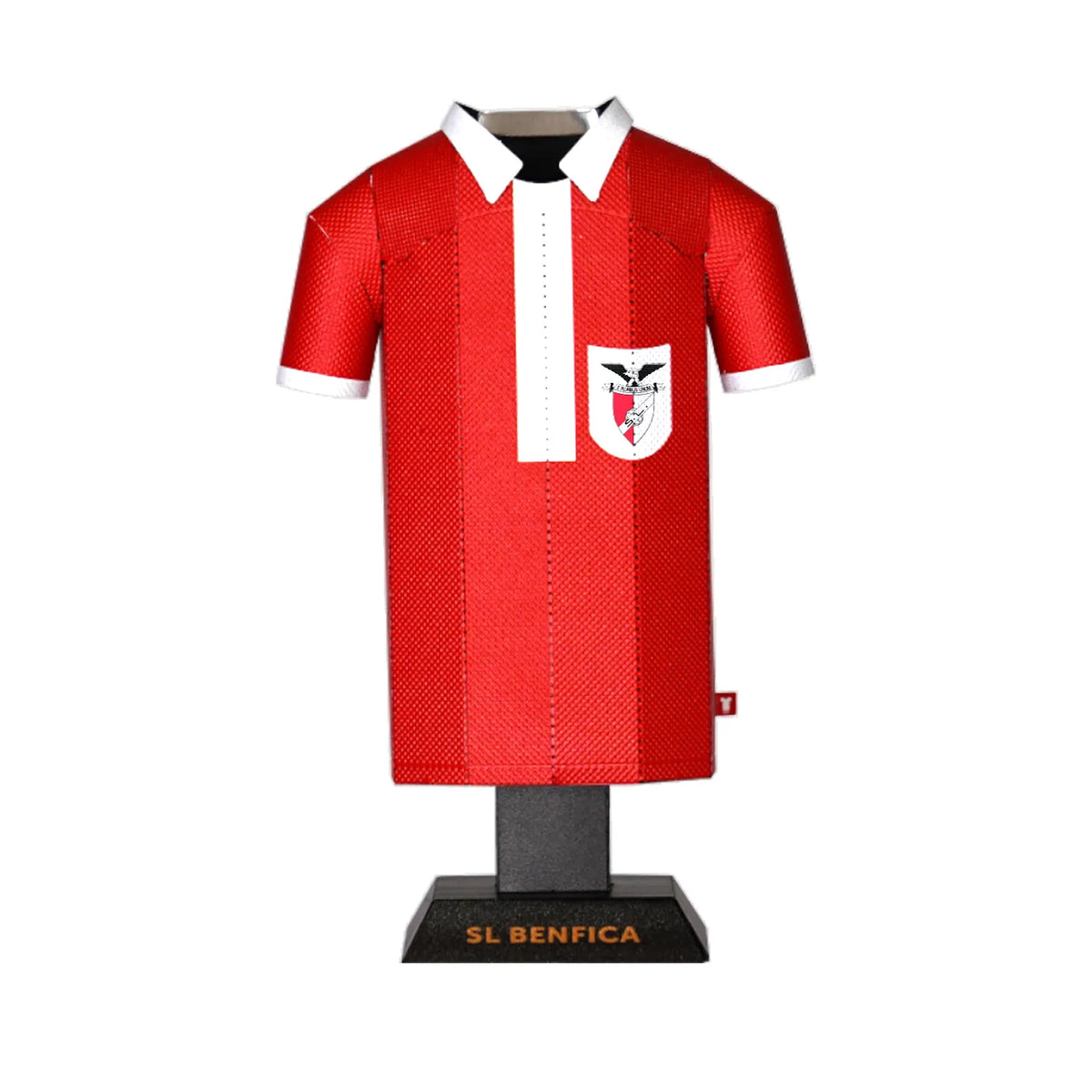 A clean product shot graphic showing the front view of a historical 1904 SL Benfica retro red home jersey collectible mounted on a miniature display stand