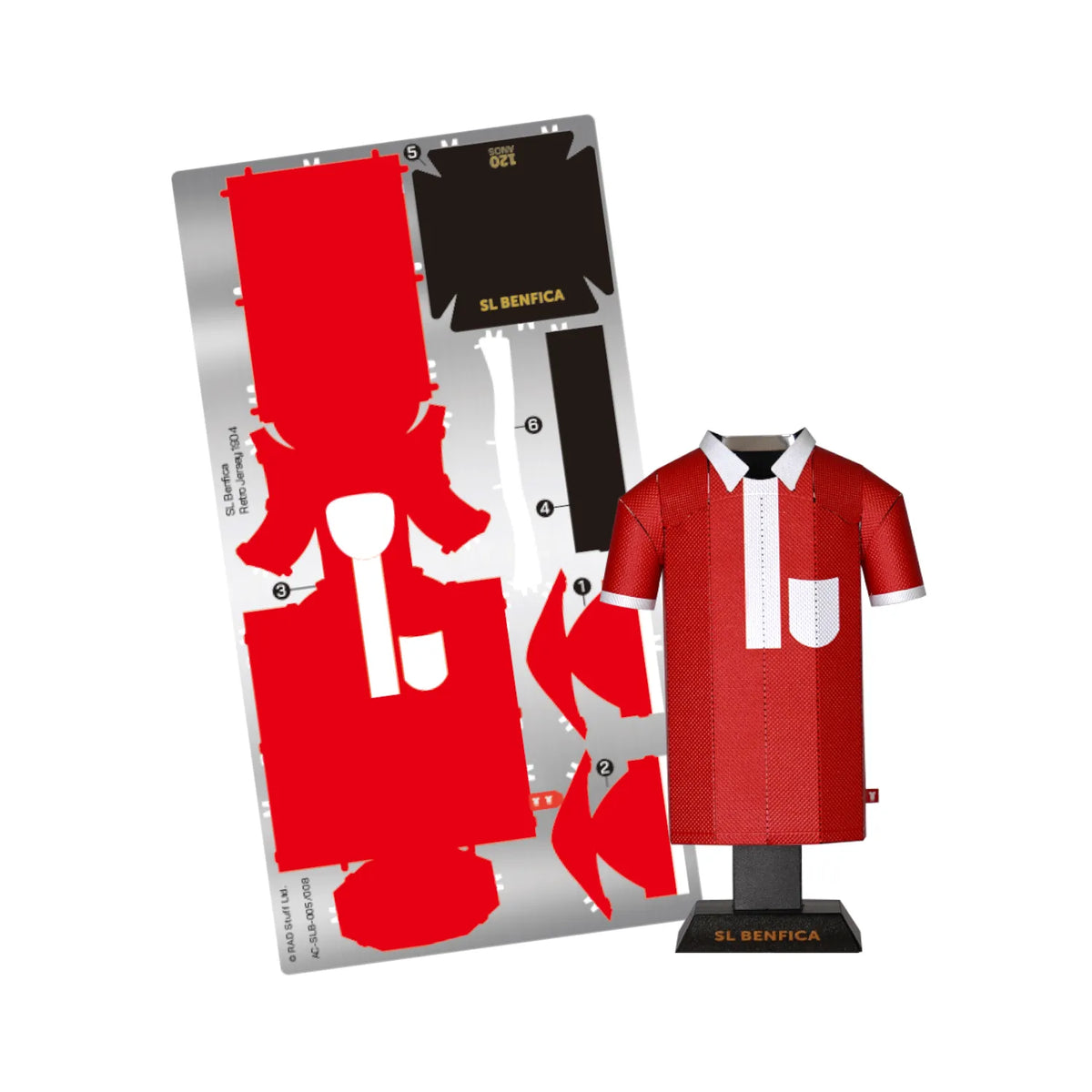 A product display layout showcasing a retro red SL Benfica metal jersey collectible alongside its unattached flat metal sheet parts for the buildable kit