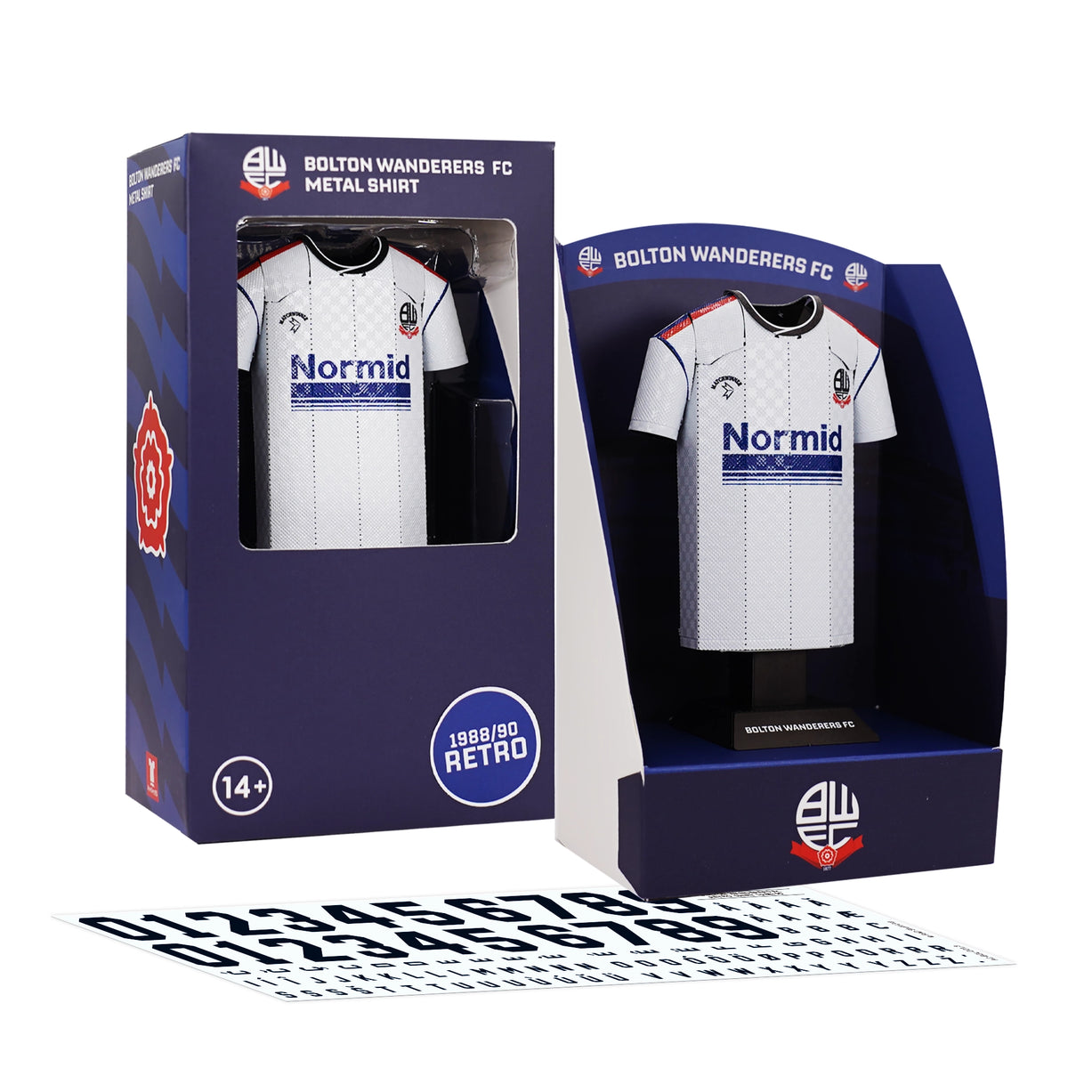 A product set display showing the classic 1988-1990 retro Bolton Wanderers FC 3D metal jersey collectible alongside its custom display box and retro typography decal sheet.