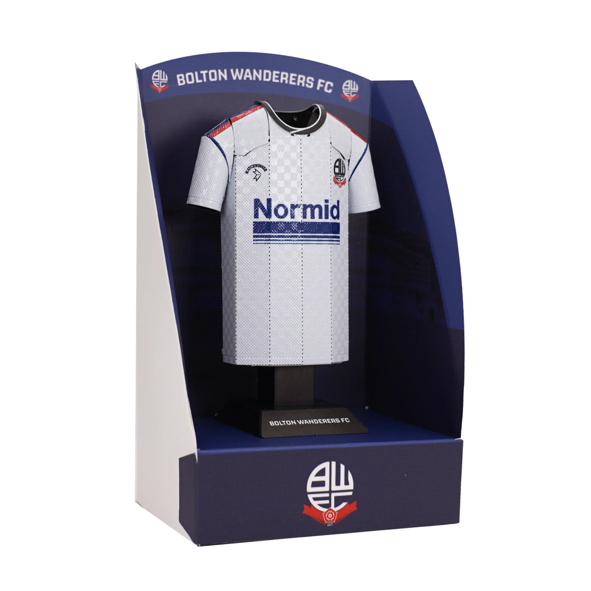 A classic 1988-1990 retro Bolton Wanderers FC jersey collectible presented inside a premium black display box with clear casing.
