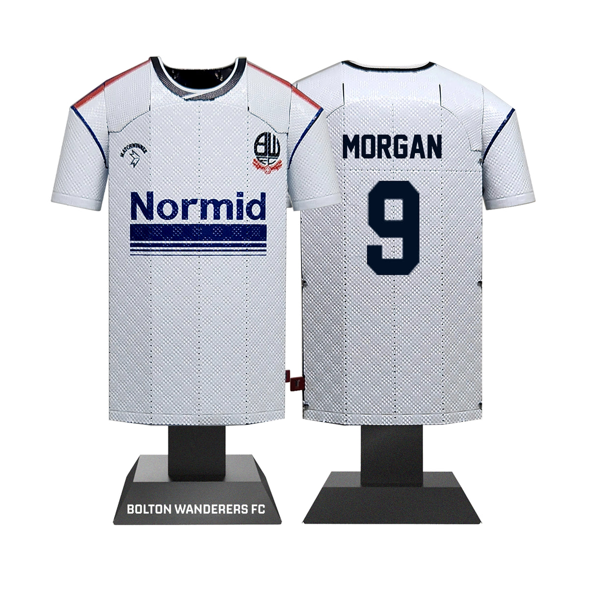A 3D metal collectible set showing both the front and back views of a classic retro Bolton Wanderers FC jersey.