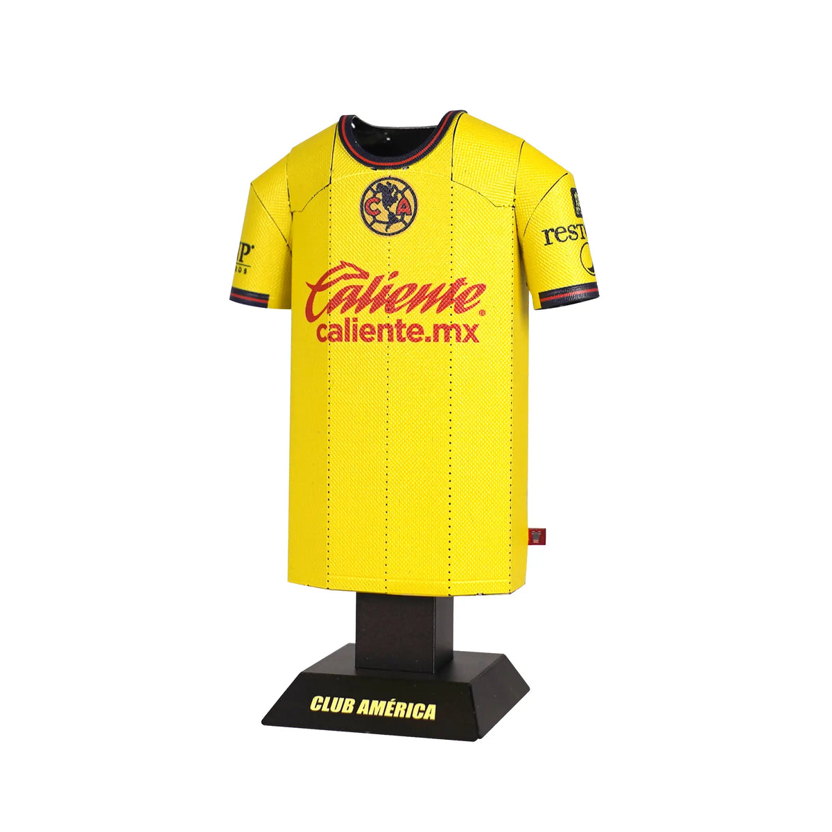 Yellow soccer jersey with branding on a white background