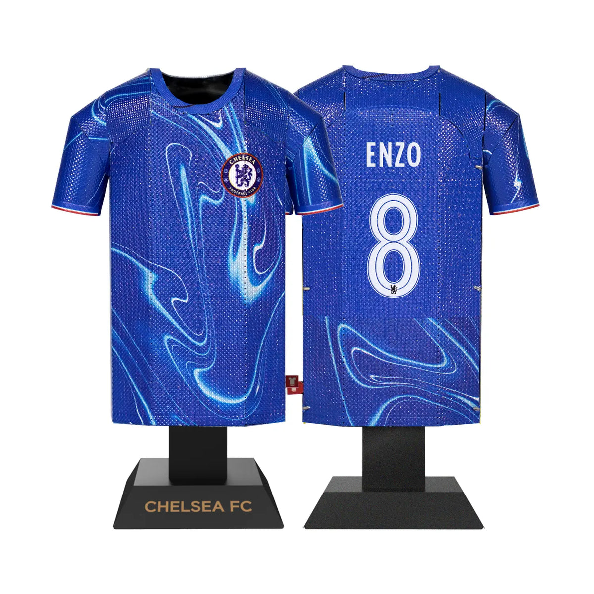 A 3D metal collectible set showing both the front and back views of a blue Chelsea FC 2024/2025 home jersey, customized with the name Enzo and the number 8 on the back.