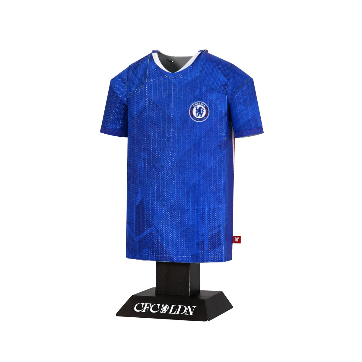 Blue sports jersey on a black mannequin with 'CFC LDN' branding on a white background