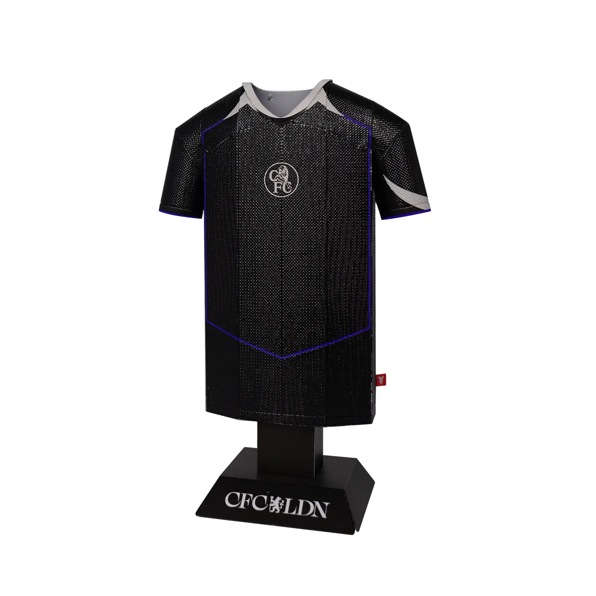 Black sports jersey on a mannequin with 'CFC LONDON' branding on a white background