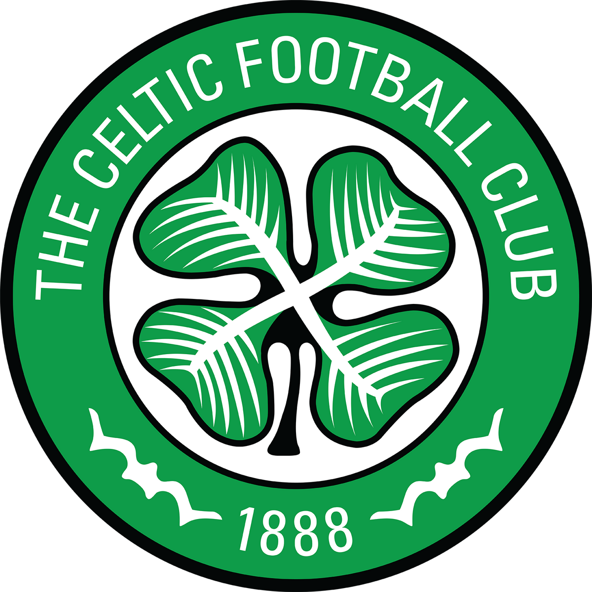 The Celtic Football Club circular crest featuring a green four-leaf shamrock with a white cross, bordered by a green ring with white text reading 'THE CELTIC FOOTBALL CLUB' and '1888' at the bottom.