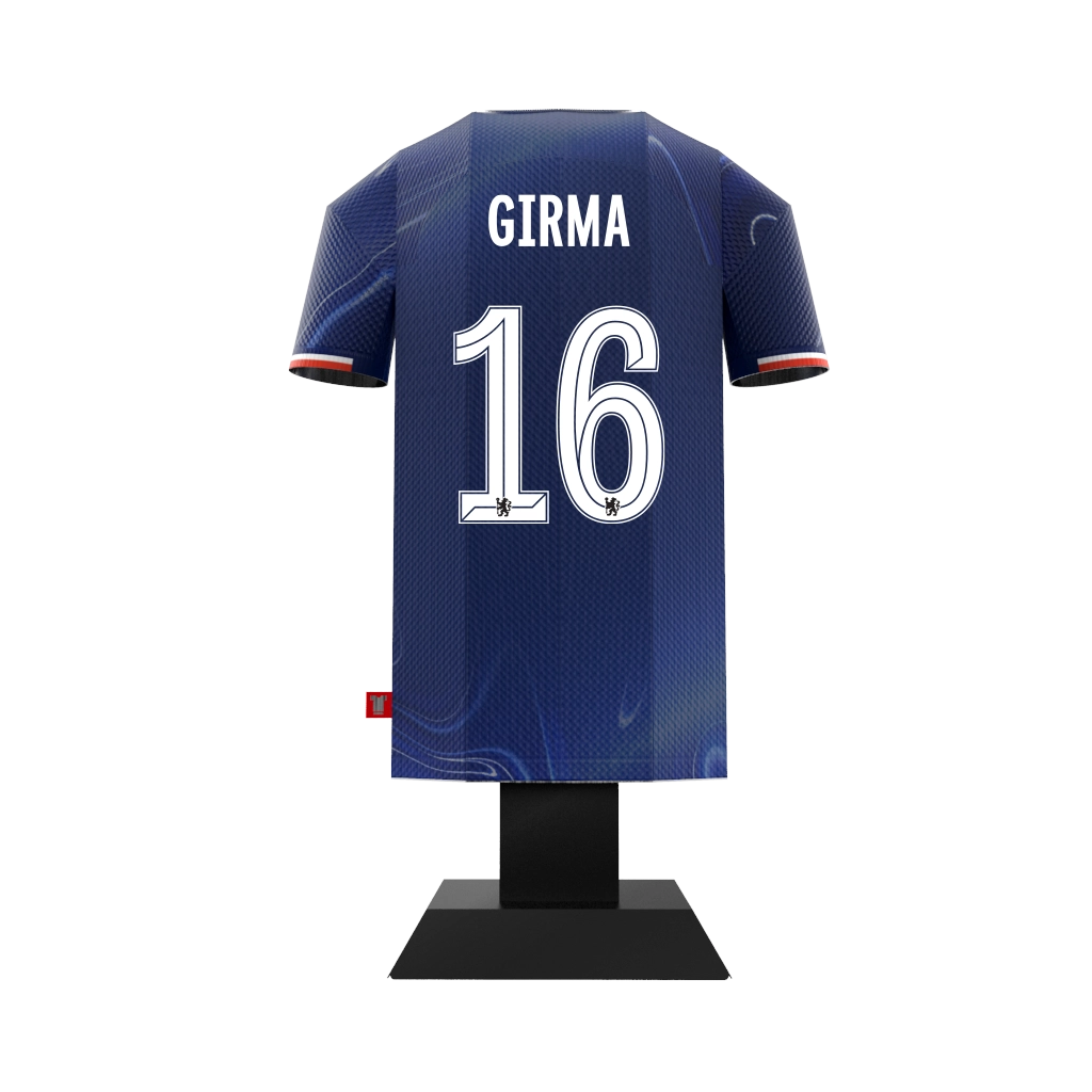 The back of a Chelsea FC 2024/2025 blue home jersey collectible, customized with the name GIRMA and the number 16.