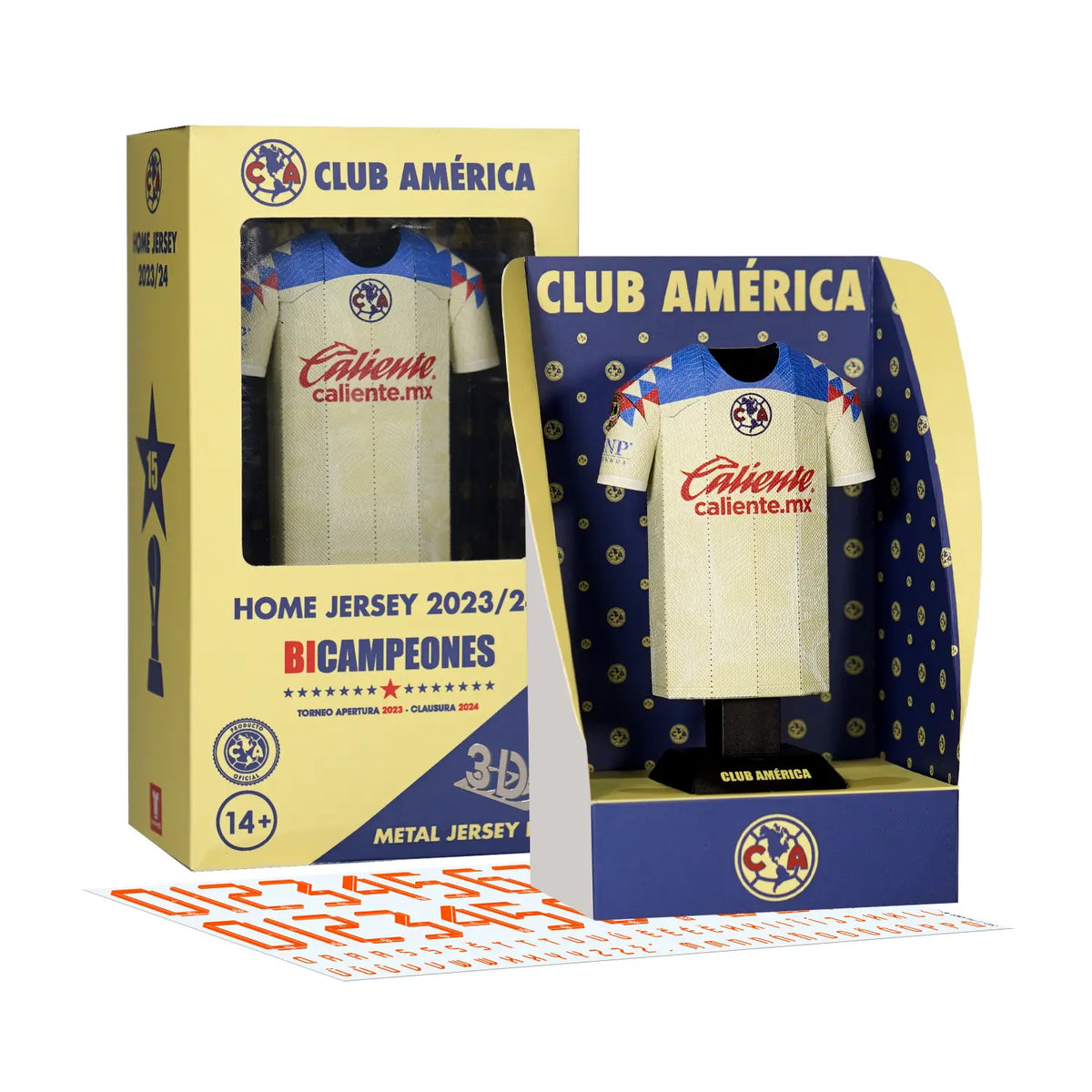 A product set display showing a Club América 2023/2024 home kit 3D metal jersey collectible alongside its custom display box and typography decal sheet.