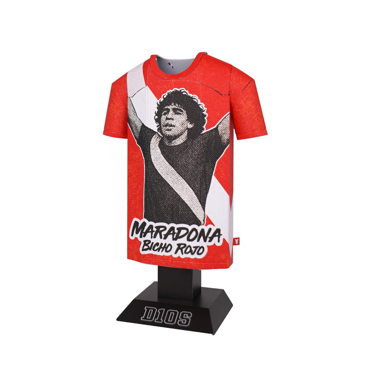 Red t-shirt with a graphic of a famous soccer player on a mannequin against a white background