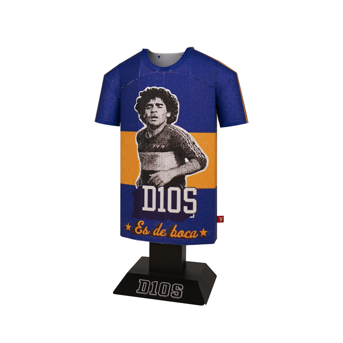 Blue and orange sports jersey with a printed design on a white background