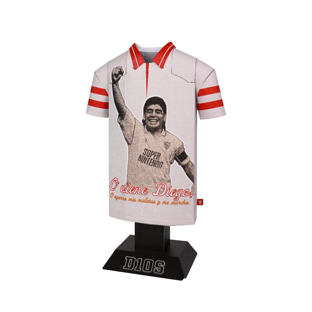 White polo shirt with red accents featuring a printed image on a mannequin stand.