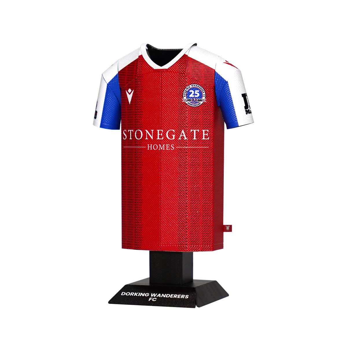Red sports jersey with branding on a mannequin against a white background
