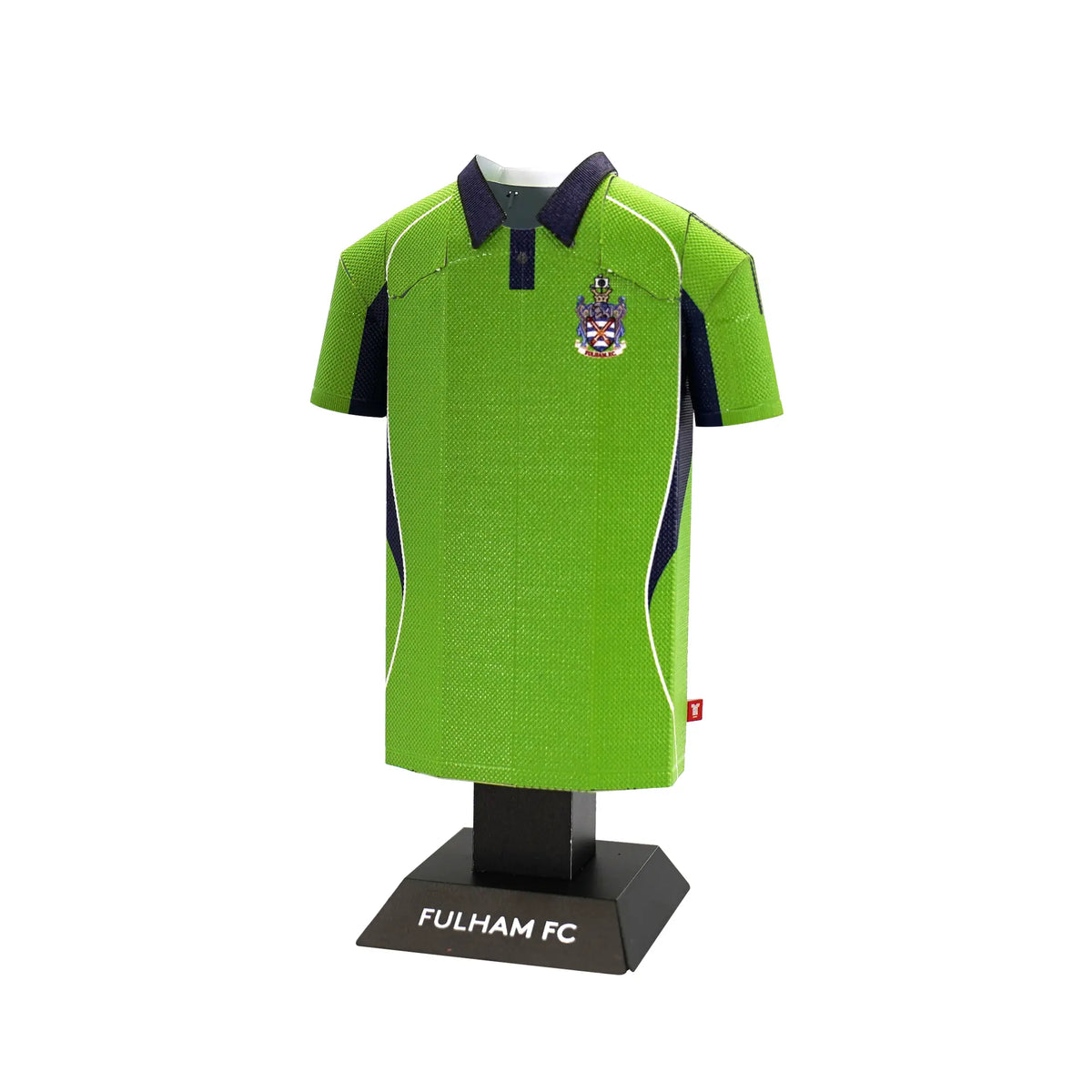 Green Fulham FC sports jersey on a black stand with white background
