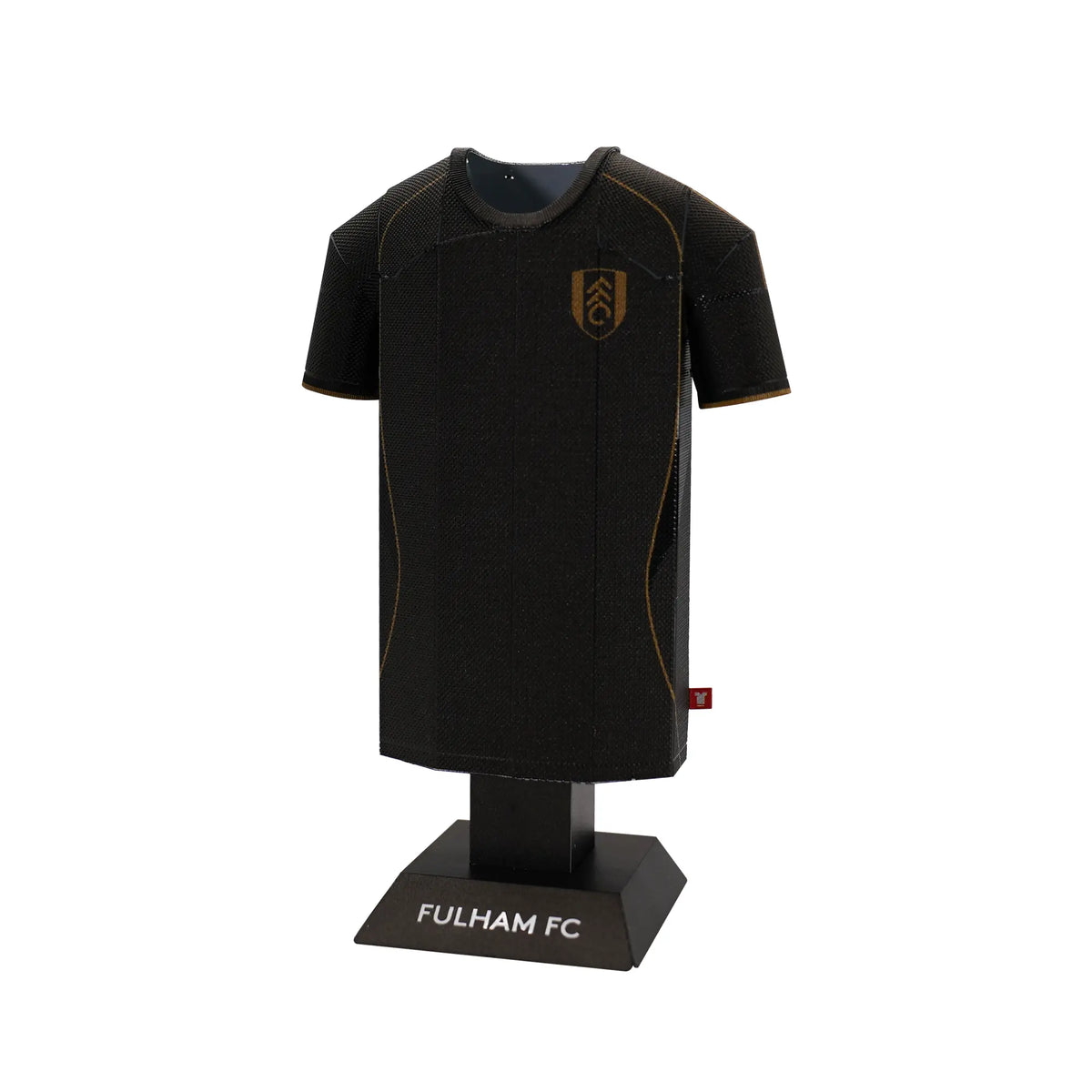 Black Fulham FC sports jersey on a black stand with the club's logo.