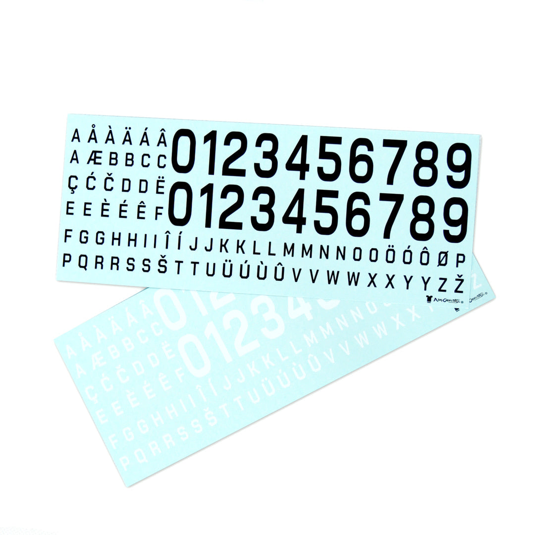 An e-commerce product display featuring the full contents of the generic decal twin pack, showcasing two light blue typography sheets overlaid on each other