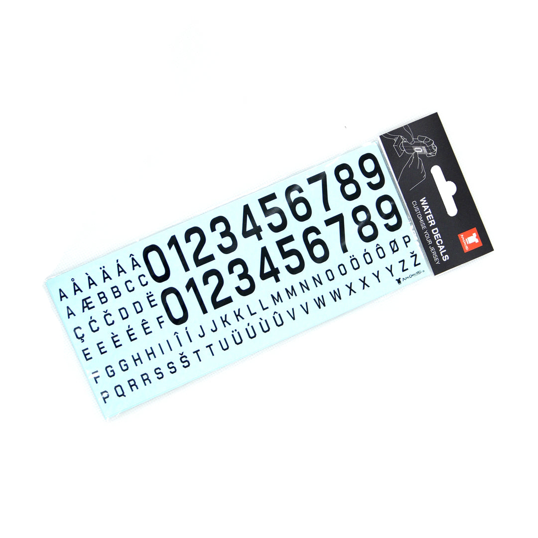 A product presentation shot showing a set of two light blue numbers and letters decal sheets arranged together