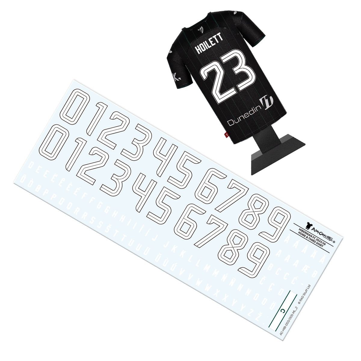 Black sports jersey with white text and numbers, next to a sheet of white numbers and letters on a white background.