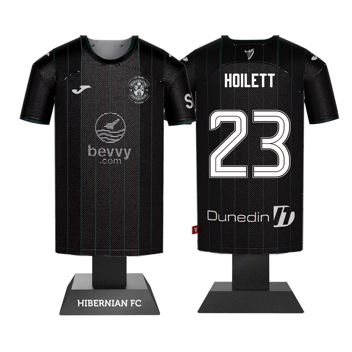 Black Hibernian FC jersey with branding and player name on a stand