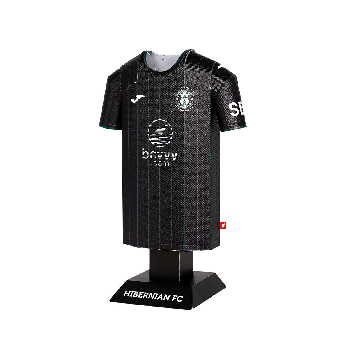 Black sports jersey on a mannequin with 'Hibernian FC' branding and 'bevvv.com' logo.