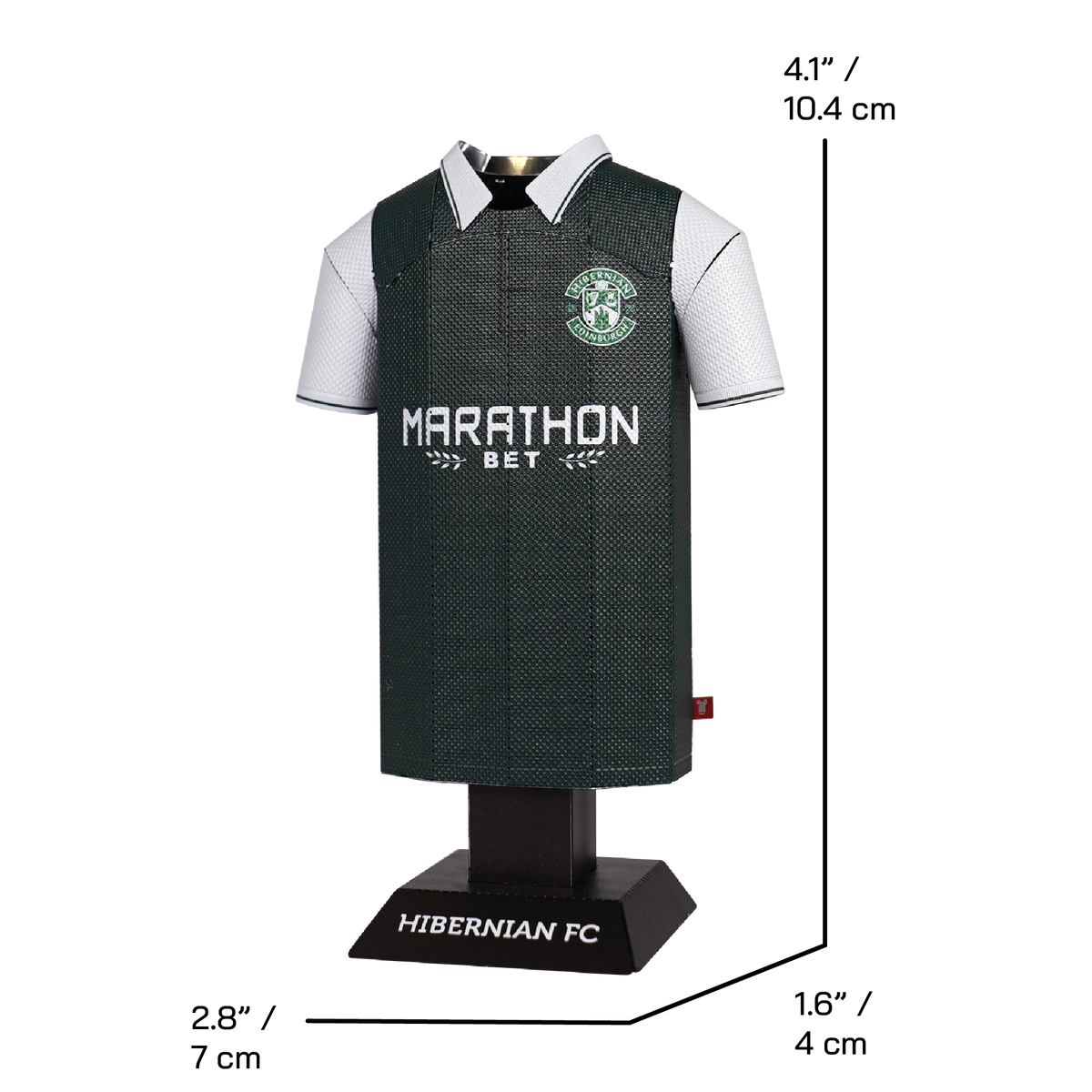 A 3D metal collectible sculpted in the shape of the Hibernian FC 2015-2016 retro home jersey, featuring raised details and a metallic finish.