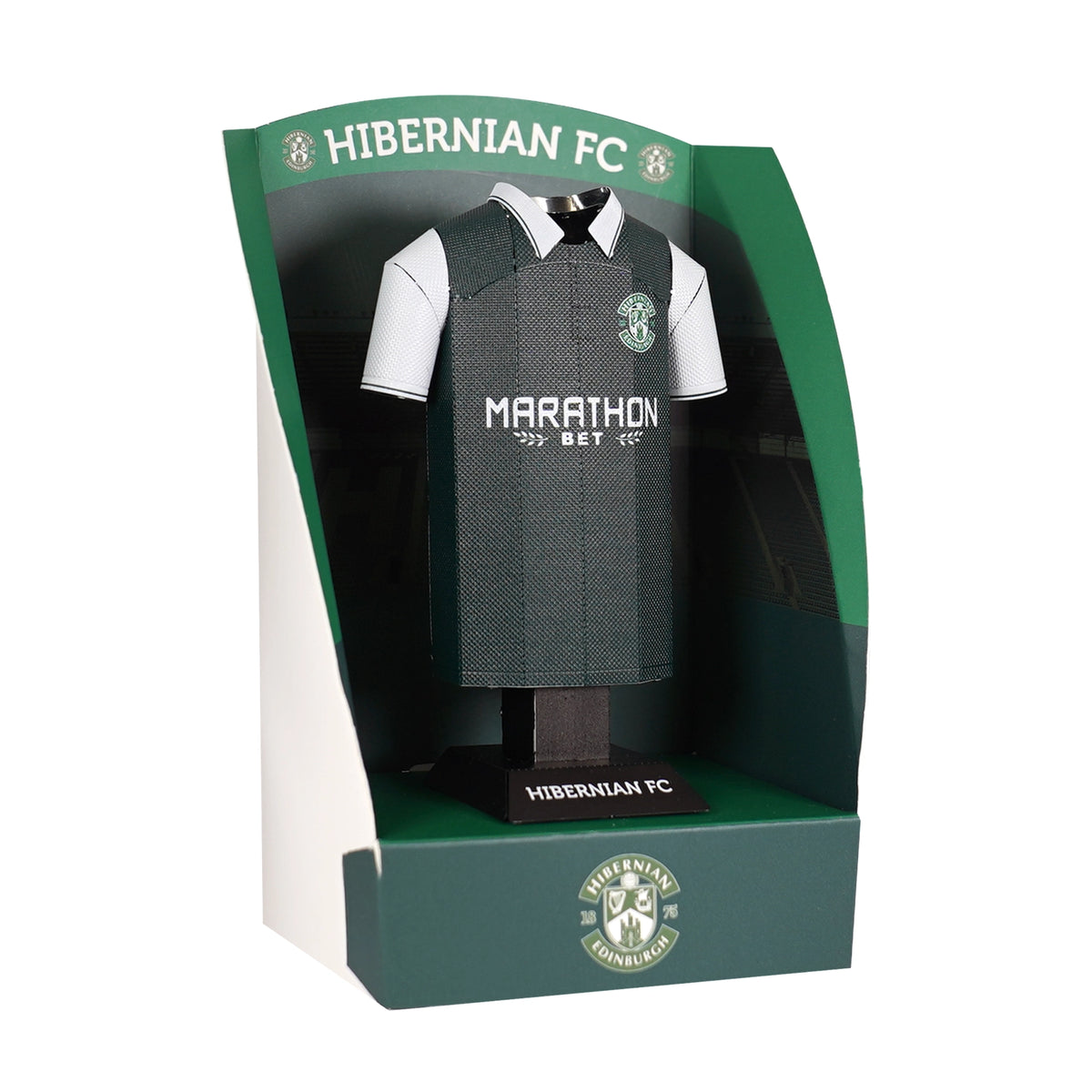 A 3D metal Hibernian FC 2015-2016 retro home jersey collectible presented inside a premium black display box with clear casing.