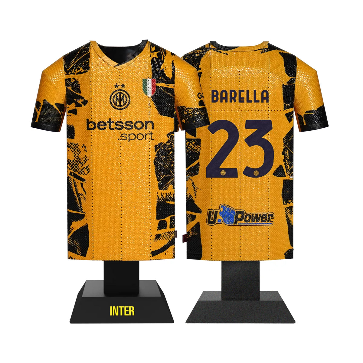 A 3D metal collectible set showing both the front and back views of the yellow Inter Milan 2024/2025 third jersey, customized with the name Barella on the back.