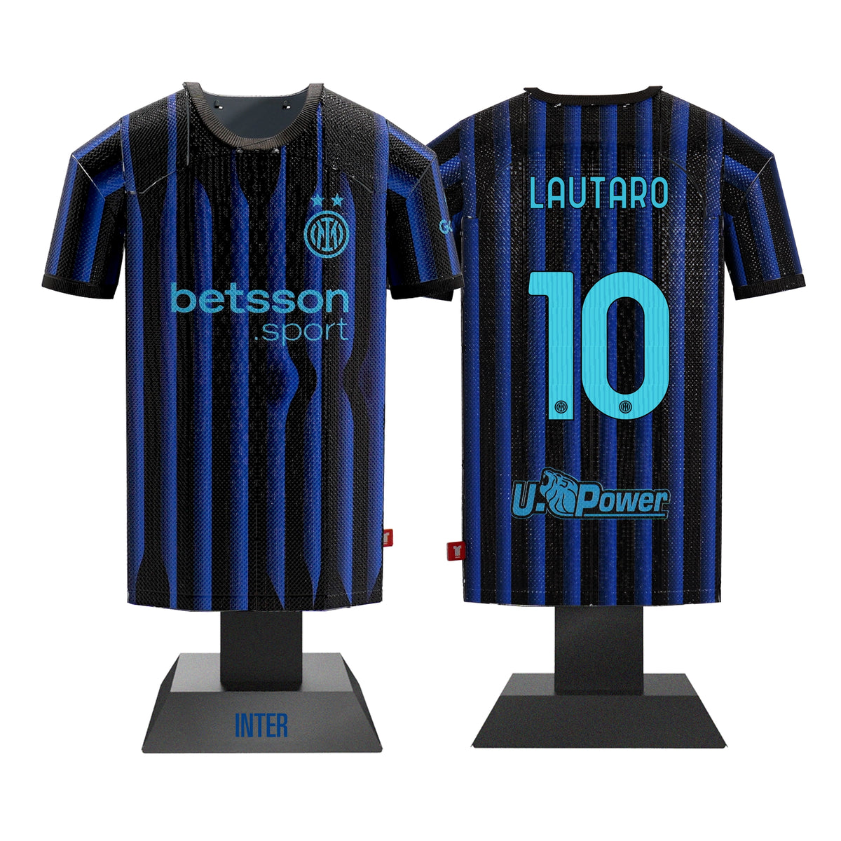 Blue and black striped sports jersey with branding on a white background