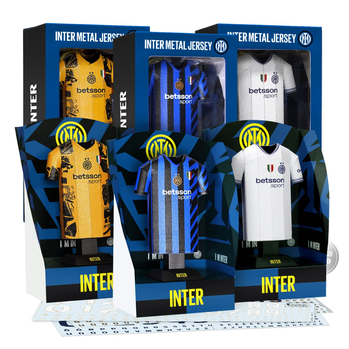 A product bundle display showing a collection of Inter Milan 2024/2025 3D metal jersey collectibles (Home, Away, and Third kits) alongside their custom display boxes and typography decal sheets.