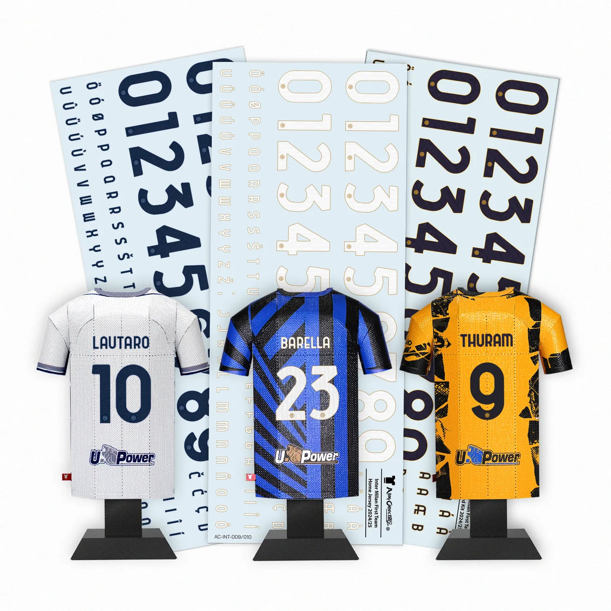 A premium product bundle display showing Inter Milan 2024/2025 home, away, and third kit 3D metal jersey collectibles alongside their respective custom display boxes and typography decal sheets.
