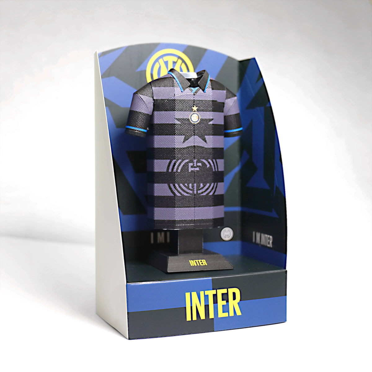 A retro Inter Milan third jersey 3D metal collectible presented inside a premium black display box with clear casing.