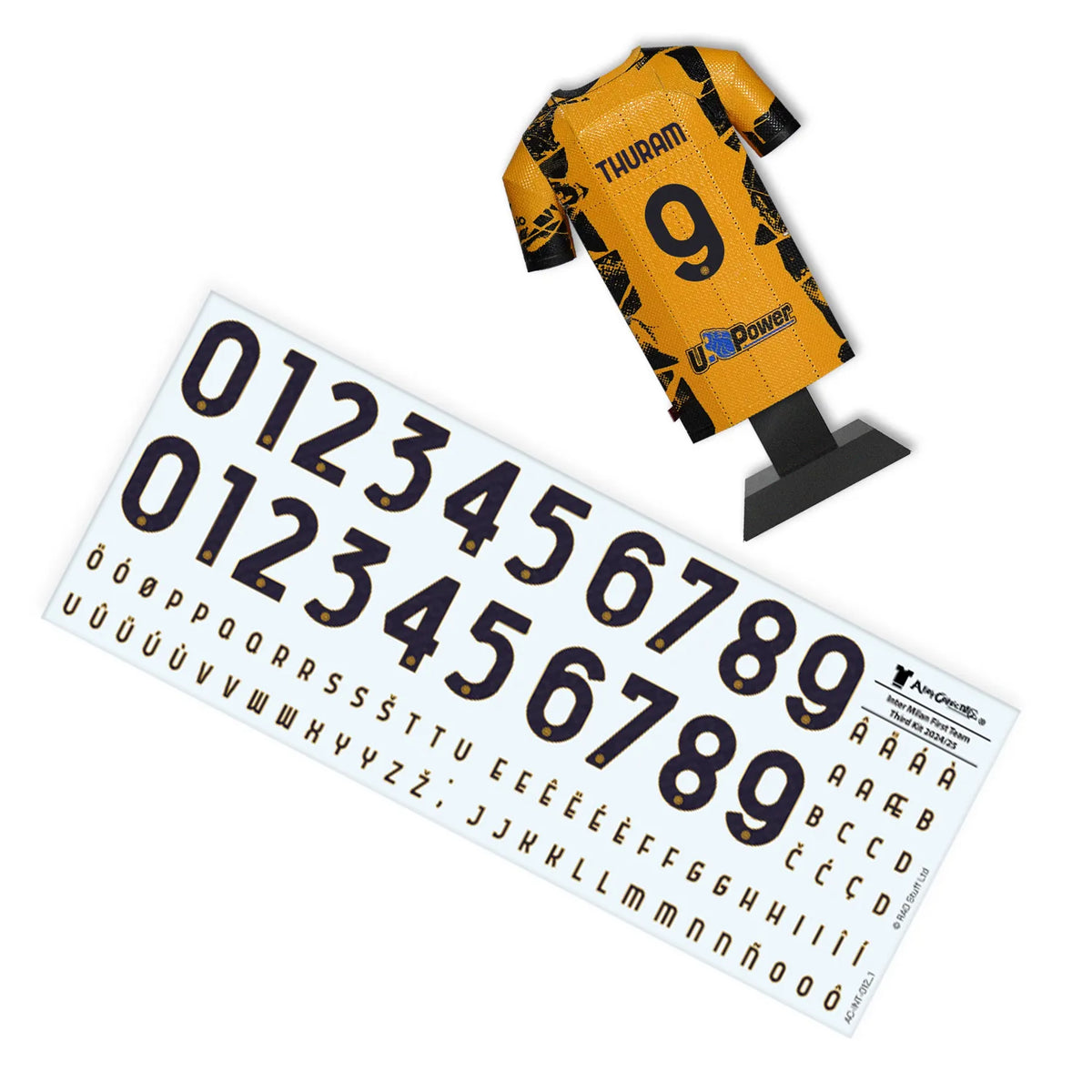 A decal sheet featuring a collection of numbers in the typography style of the Inter Milan 2024/2025 third kit, customized for player Thuram.