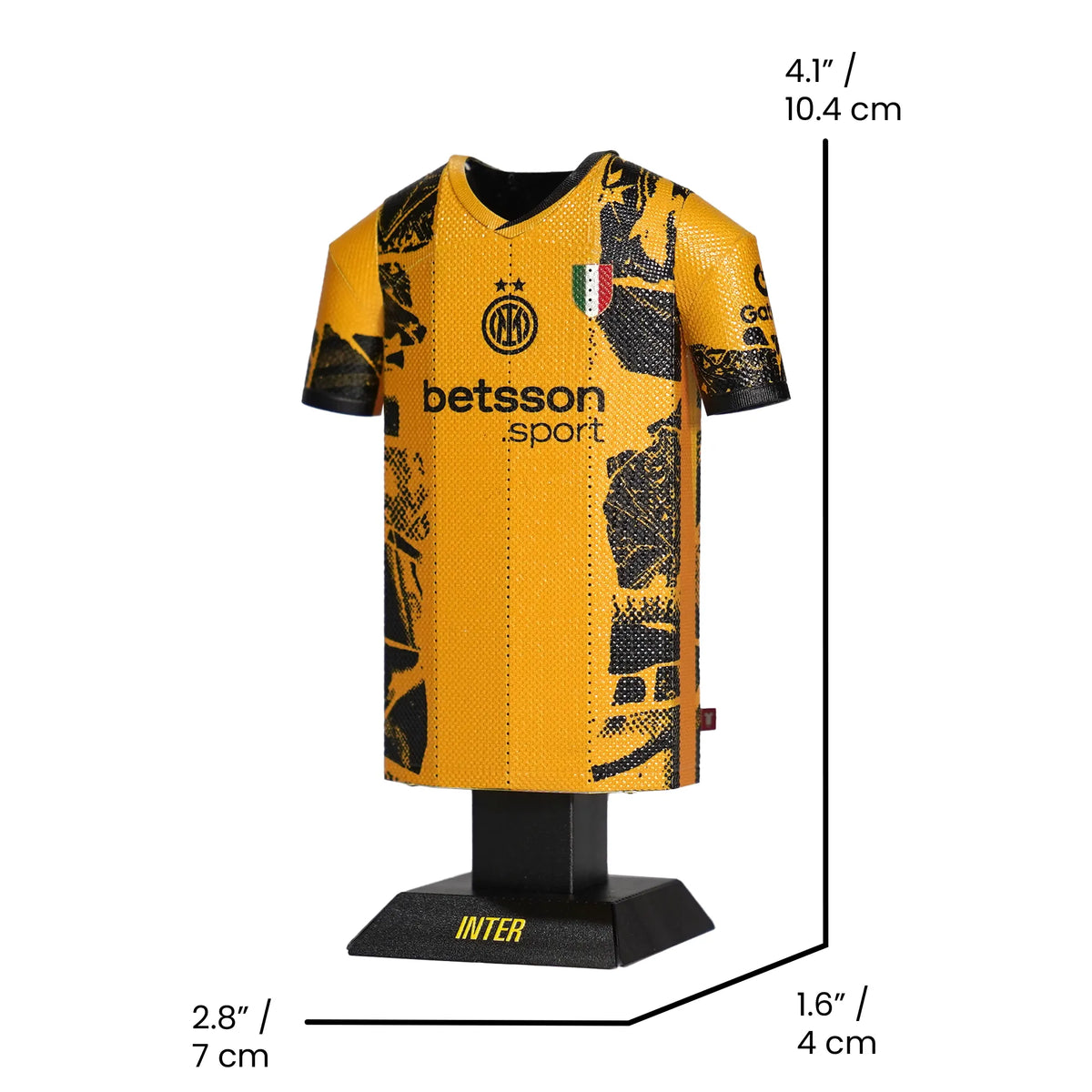 A product graphic showing an angled view of the Inter Milan 2024/2025 yellow third jersey collectible on a stand, complete with measurement lines indicating its physical dimensions.