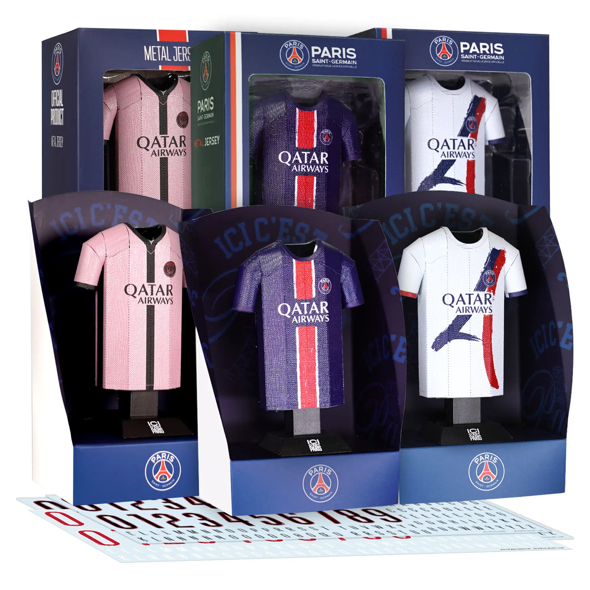 Packaged soccer jerseys with Qatar Airways branding on a white background