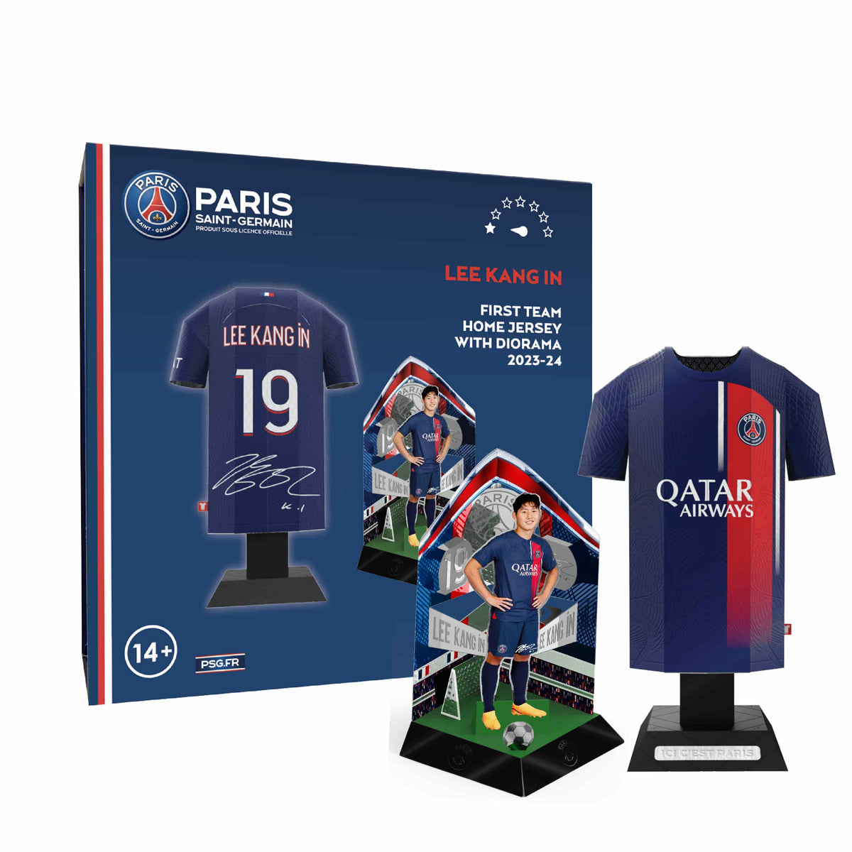 A signature series product presentation showing a Paris Saint-Germain 2023/2024 dark blue home jersey collectible, customized for player Lee Kang-in, arranged with its premium display box
