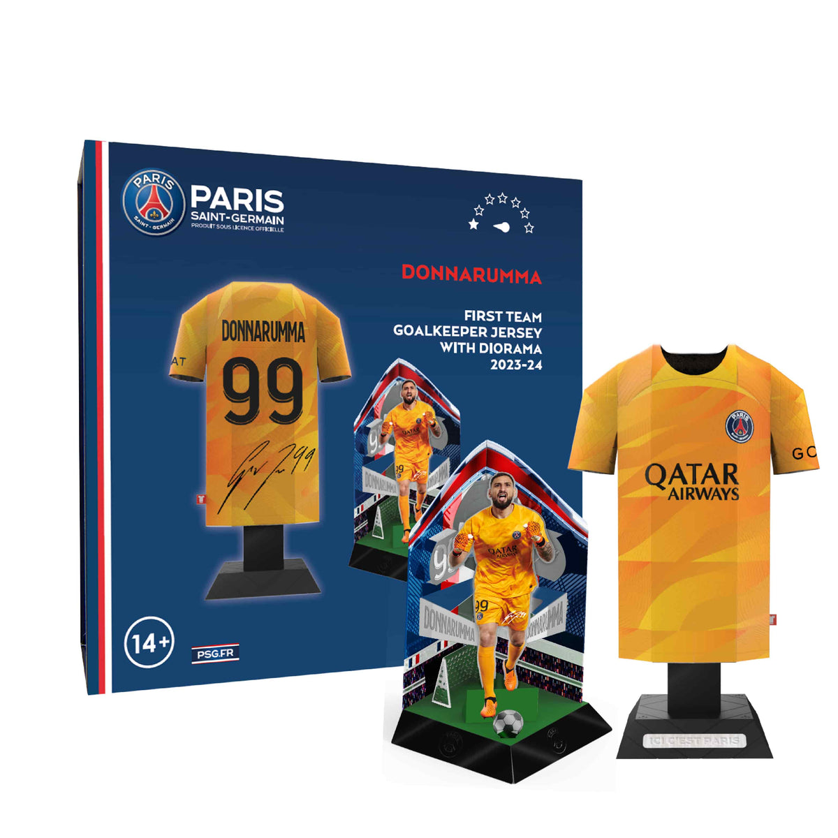 A signature series product display featuring a yellow Paris Saint-Germain 2023/2024 goalkeeper jersey collectible, customized for player Gianluigi Donnarumma, shown alongside its display box packaging