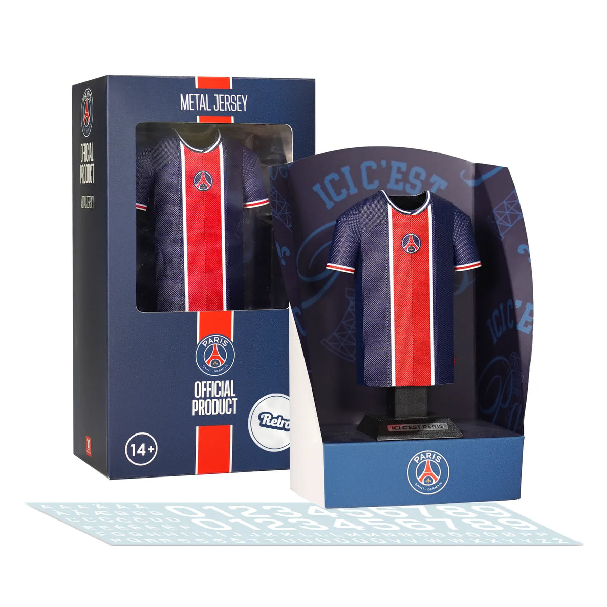 A product set display showing a retro Paris Saint-Germain 3D metal jersey collectible alongside its custom display box and vintage typography decal sheet.