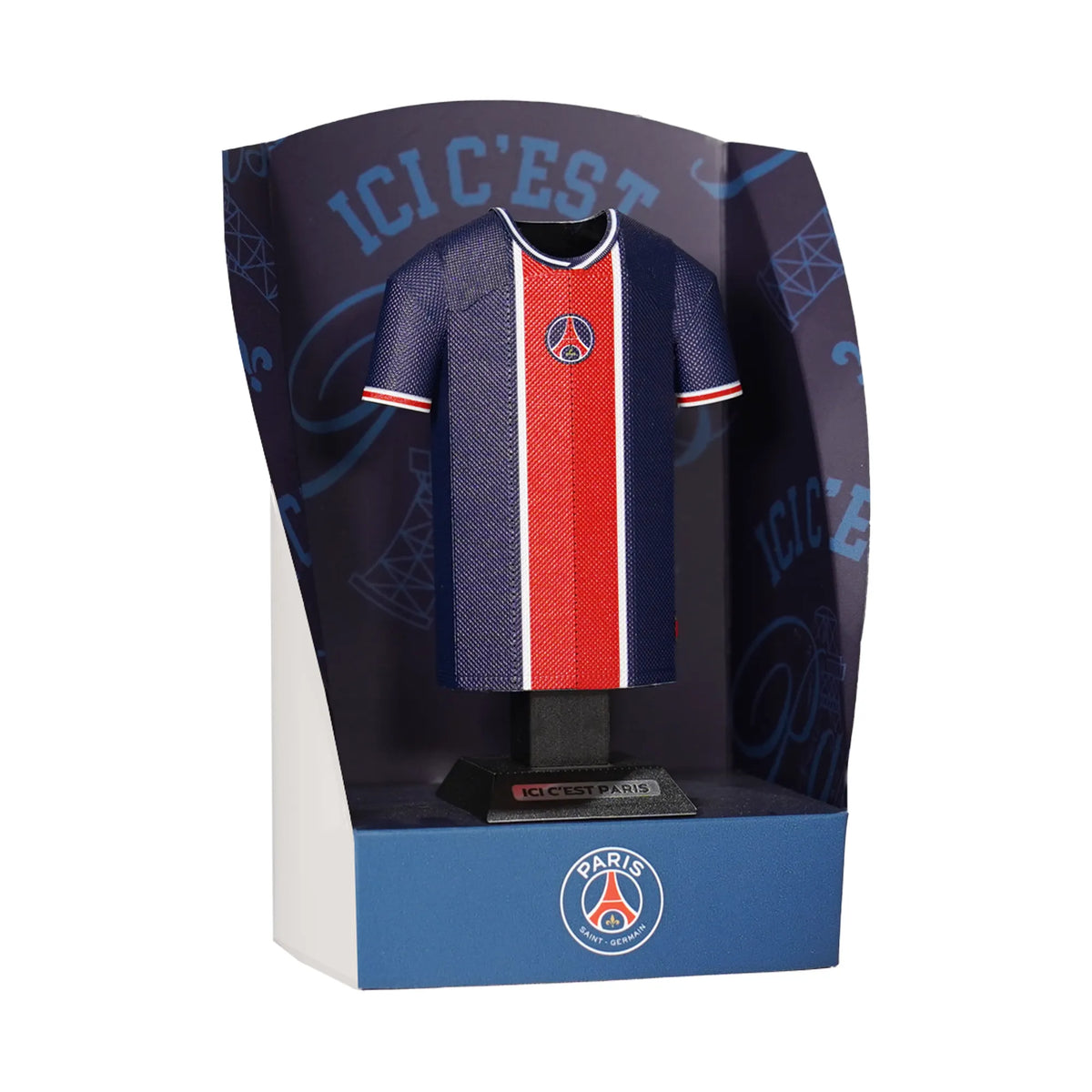 A retro Paris Saint-Germain jersey 3D metal collectible presented inside a premium black display box with clear casing.