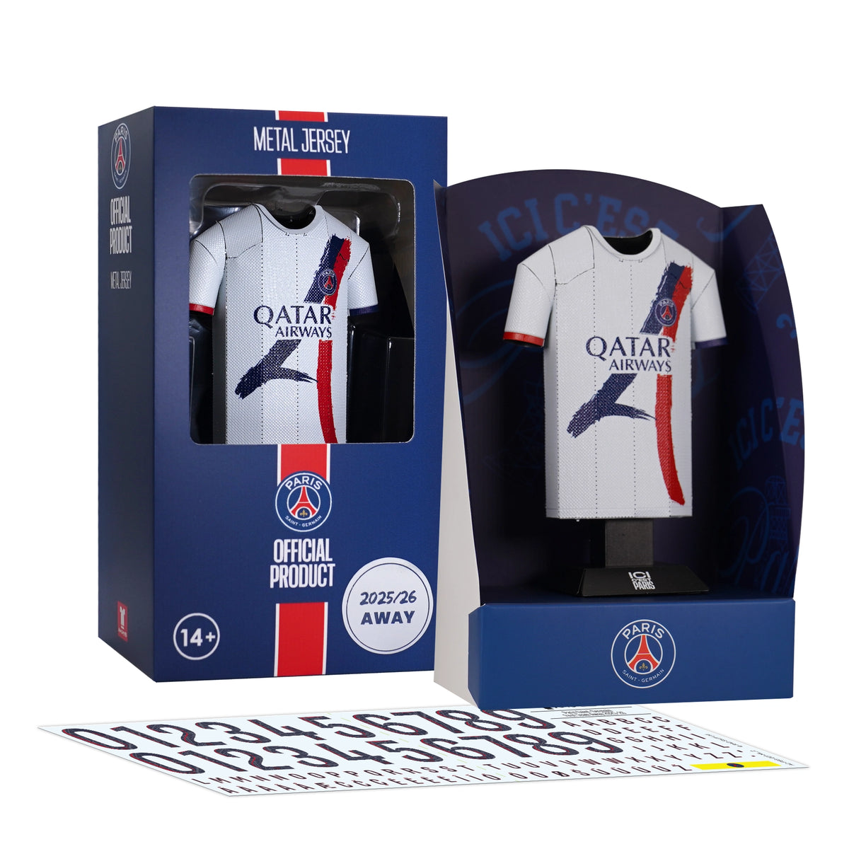 Metallic jersey model in packaging with branding and product details.